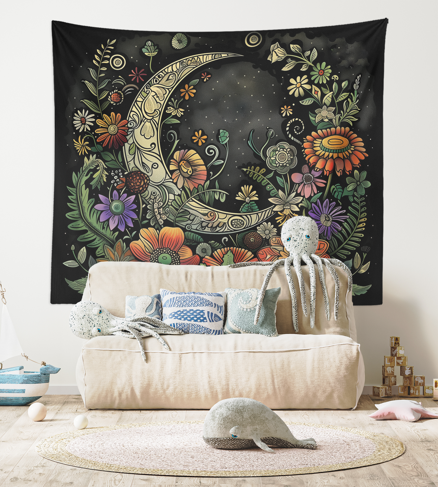 Moon Tapestry Wall Hanging, Crescent Moon, Plants Flower Floral Black Mystic Mandala, Witchy Aesthetic Wall Art Décor for Bedroom