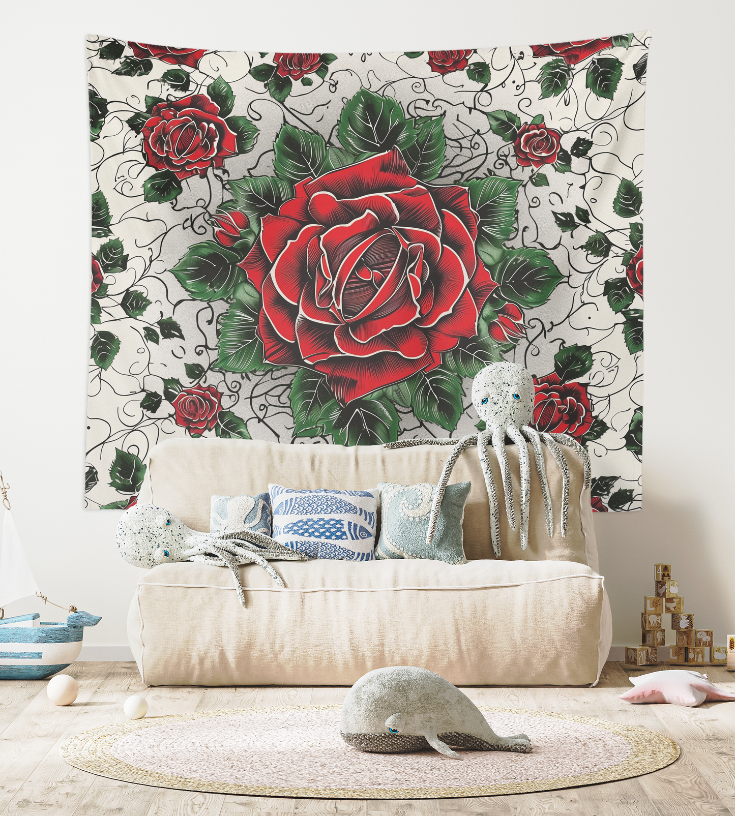 Flower Wall Hanging Tapestry, Boho Floral Red Rose Mandala, Roses Artwork Wall Décor, Aesthetic Background Tablecloth