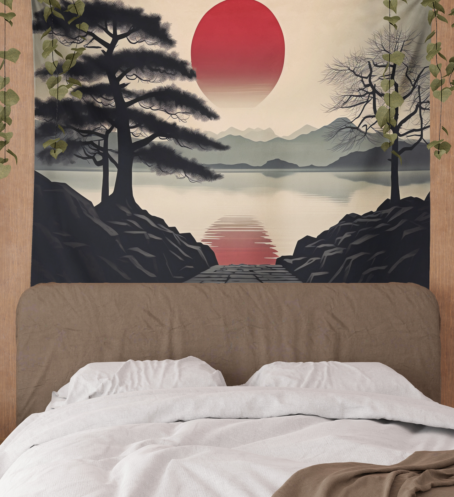 Red Sun, Mandala Tapestry Wall Hanging, Mountain Shiluette, Lake View, Japanese Style Wallart, Boho Décor for Bedroom, Dorm