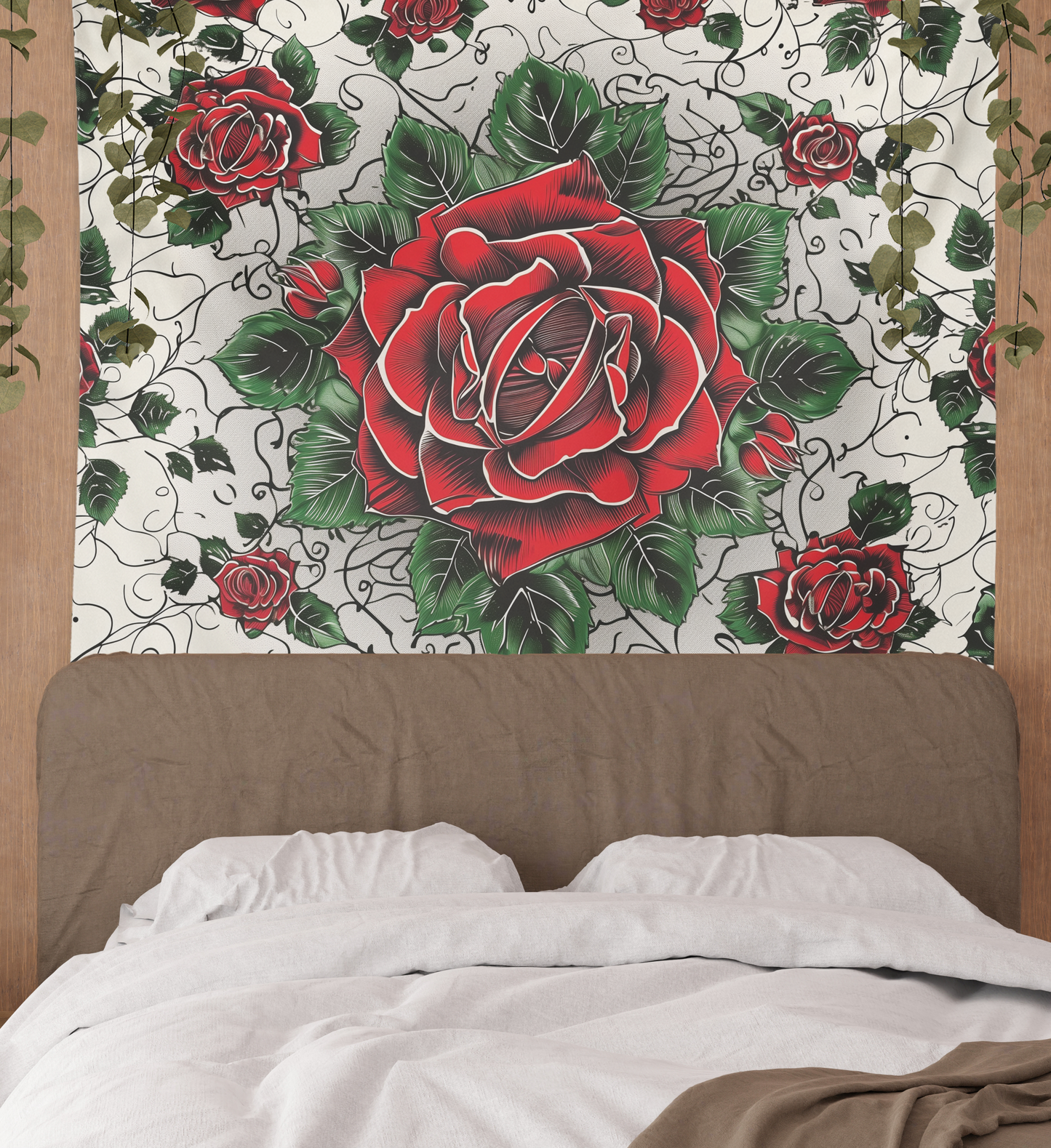 Flower Wall Hanging Tapestry, Boho Floral Red Rose Mandala, Roses Artwork Wall Décor, Aesthetic Background Tablecloth