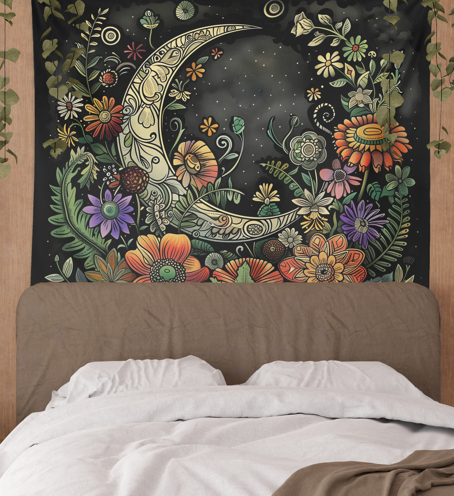 Moon Tapestry Wall Hanging, Crescent Moon, Plants Flower Floral Black Mystic Mandala, Witchy Aesthetic Wall Art Décor for Bedroom