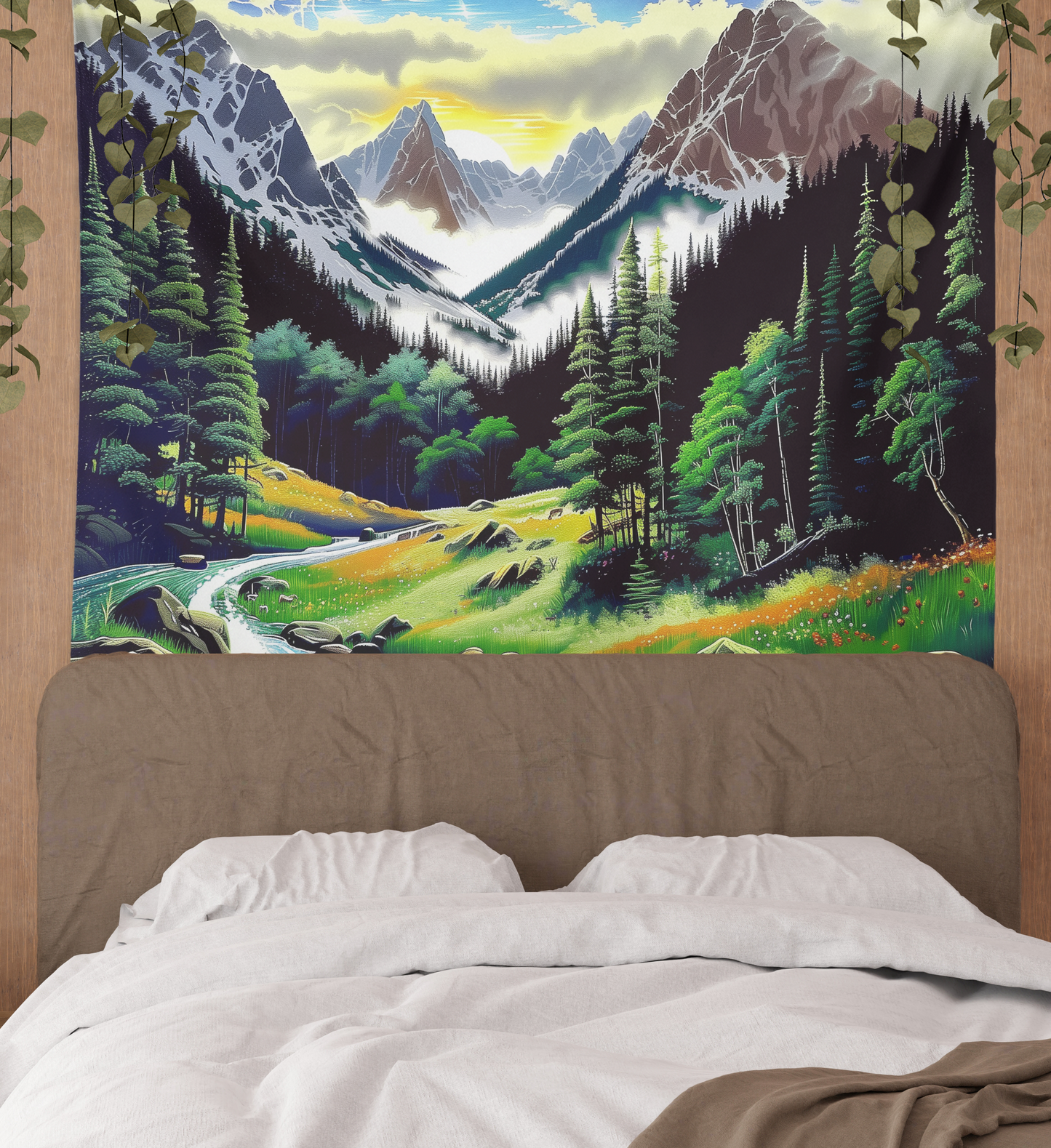 Majestic Mountains, Tapestry Wall Hanging, Mountain Scenery Landscape Artwork, Forest Green Background , Floral Mandala