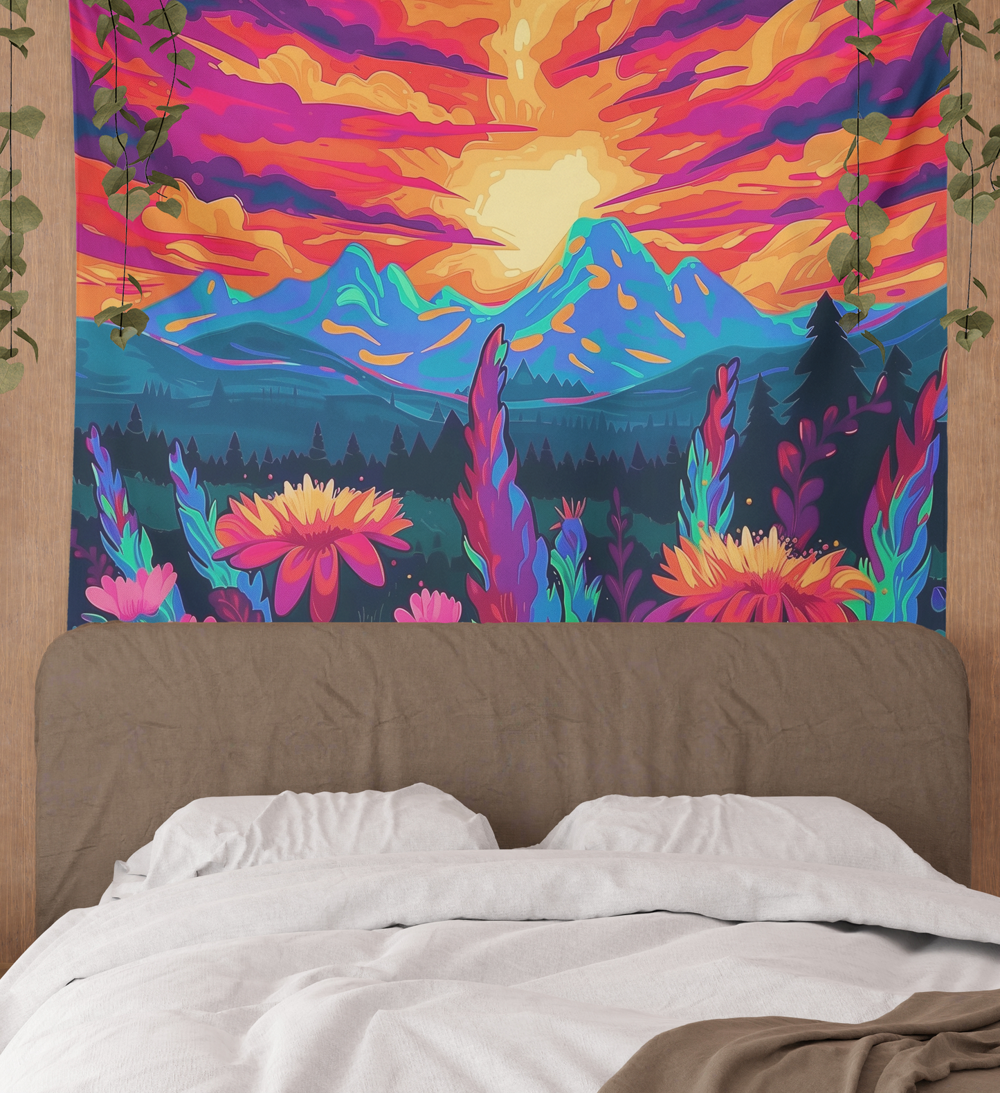 Fantasy Landscape Tapestry Wall Hanging, Surreal Psychedelic Landscapes Wall Tapestry Mandala, Mountain, Forest, Sun Clouds Scene Tapestries