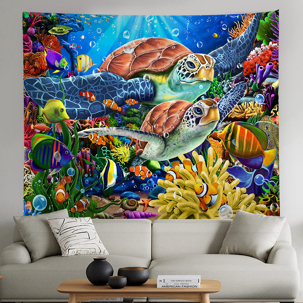 Black Light Tapestry, Undersea, Underwater Animals, Wall Hanging, Animal Sea Turtle Mandala, Sea Life Art, Coral Reef Image