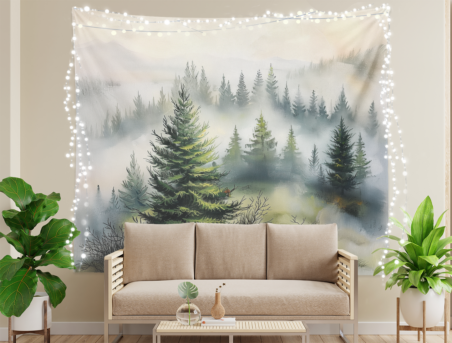 Foggy Misty Forest , Tapestry Wall Hanging, Watercolor Smoky Mountain Landscape Scenery Wall Art  Bedroom, Dorm ,Room