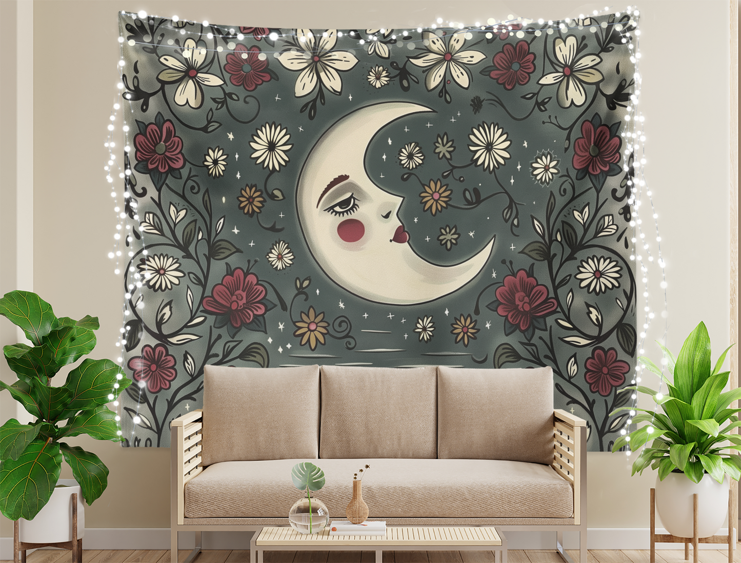 Crescent Moon, Boho Tapestry Wall Hanging, Floral Mandala, Lunar Flower Celestial  Aesthetic Room Décor , Huge Wall Art