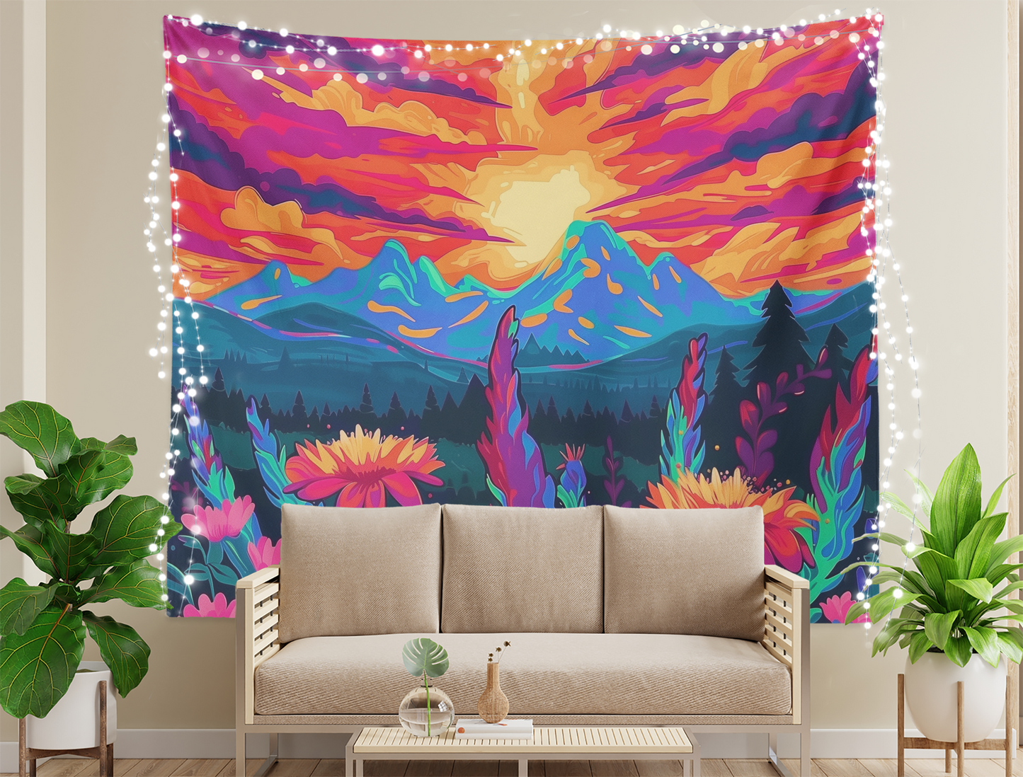 Fantasy Landscape Tapestry Wall Hanging, Surreal Psychedelic Landscapes Wall Tapestry Mandala, Mountain, Forest, Sun Clouds Scene Tapestries