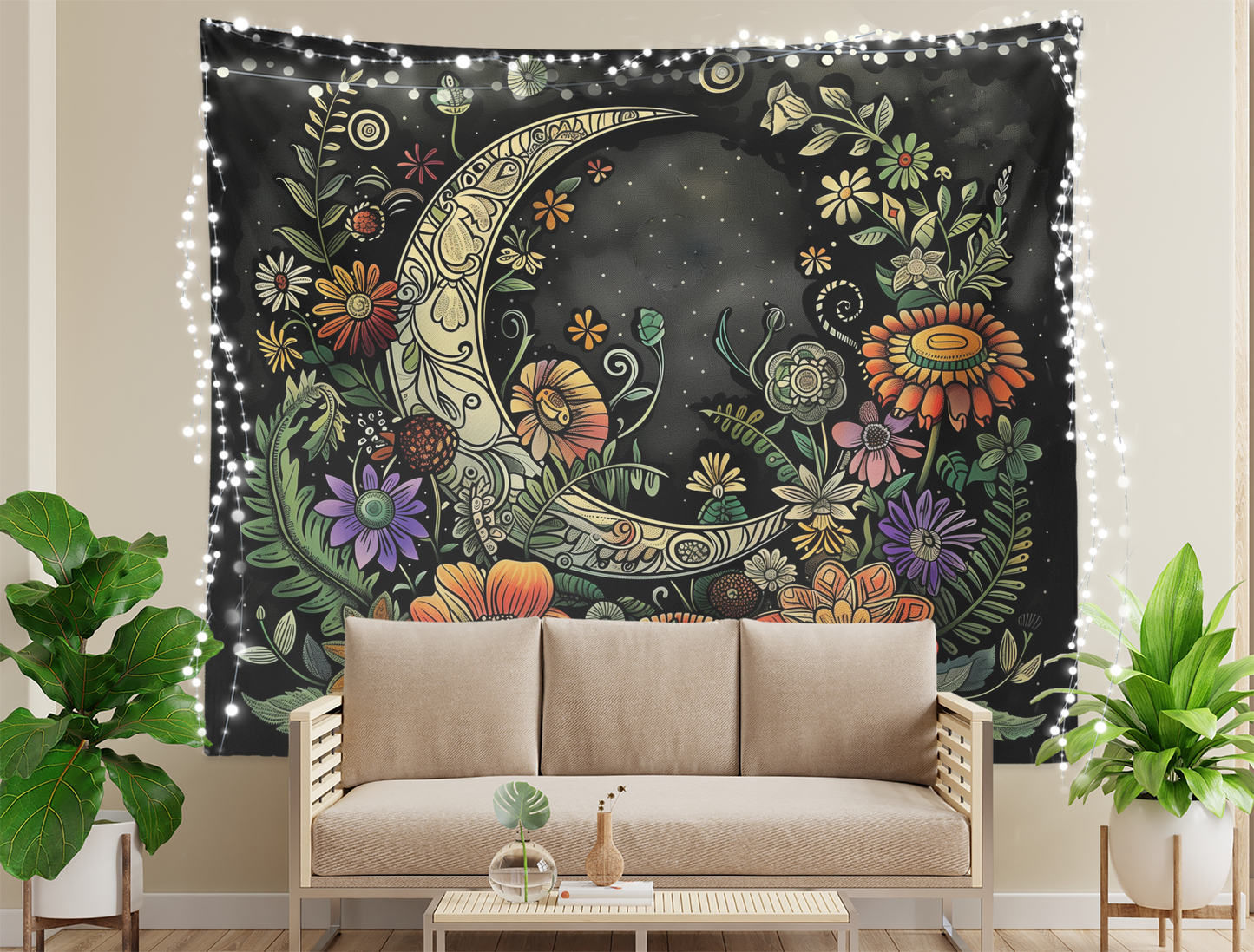 Moon Tapestry Wall Hanging, Crescent Moon, Plants Flower Floral Black Mystic Mandala, Witchy Aesthetic Wall Art Décor for Bedroom