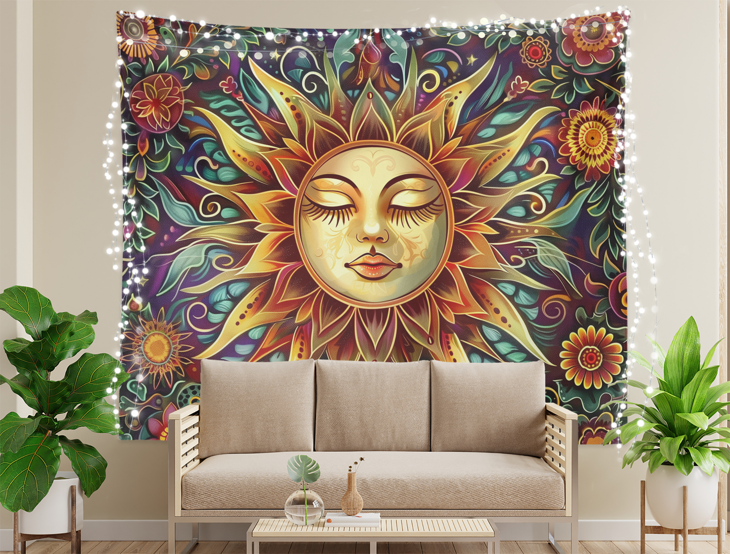 Sun Tapestry, Wall Hanging, Floral Mandala, Boho Flower Art, Burning Sunshine Artwork, Psychedelic, Mystic, Aesthetic Room Decoration