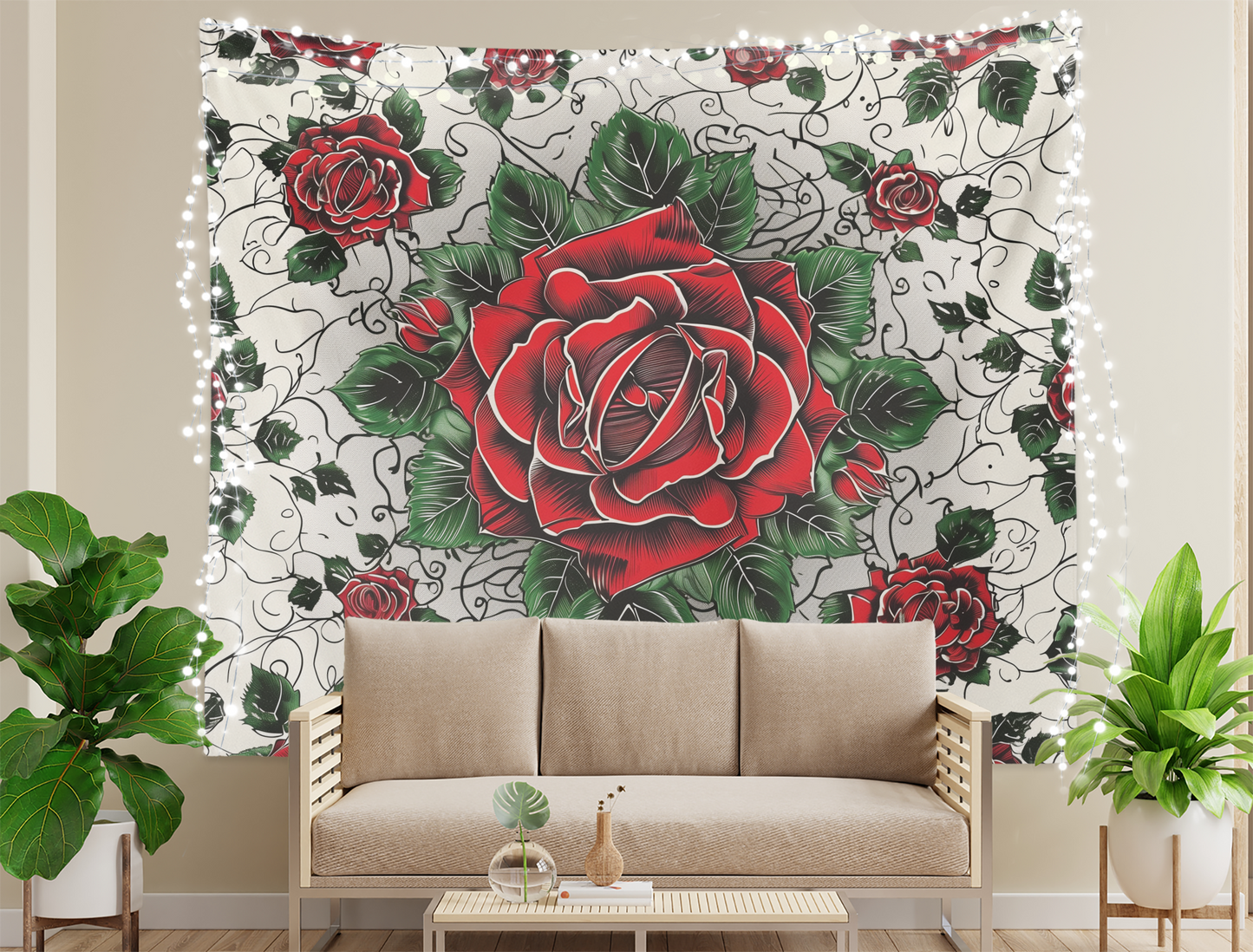 Flower Wall Hanging Tapestry, Boho Floral Red Rose Mandala, Roses Artwork Wall Décor, Aesthetic Background Tablecloth