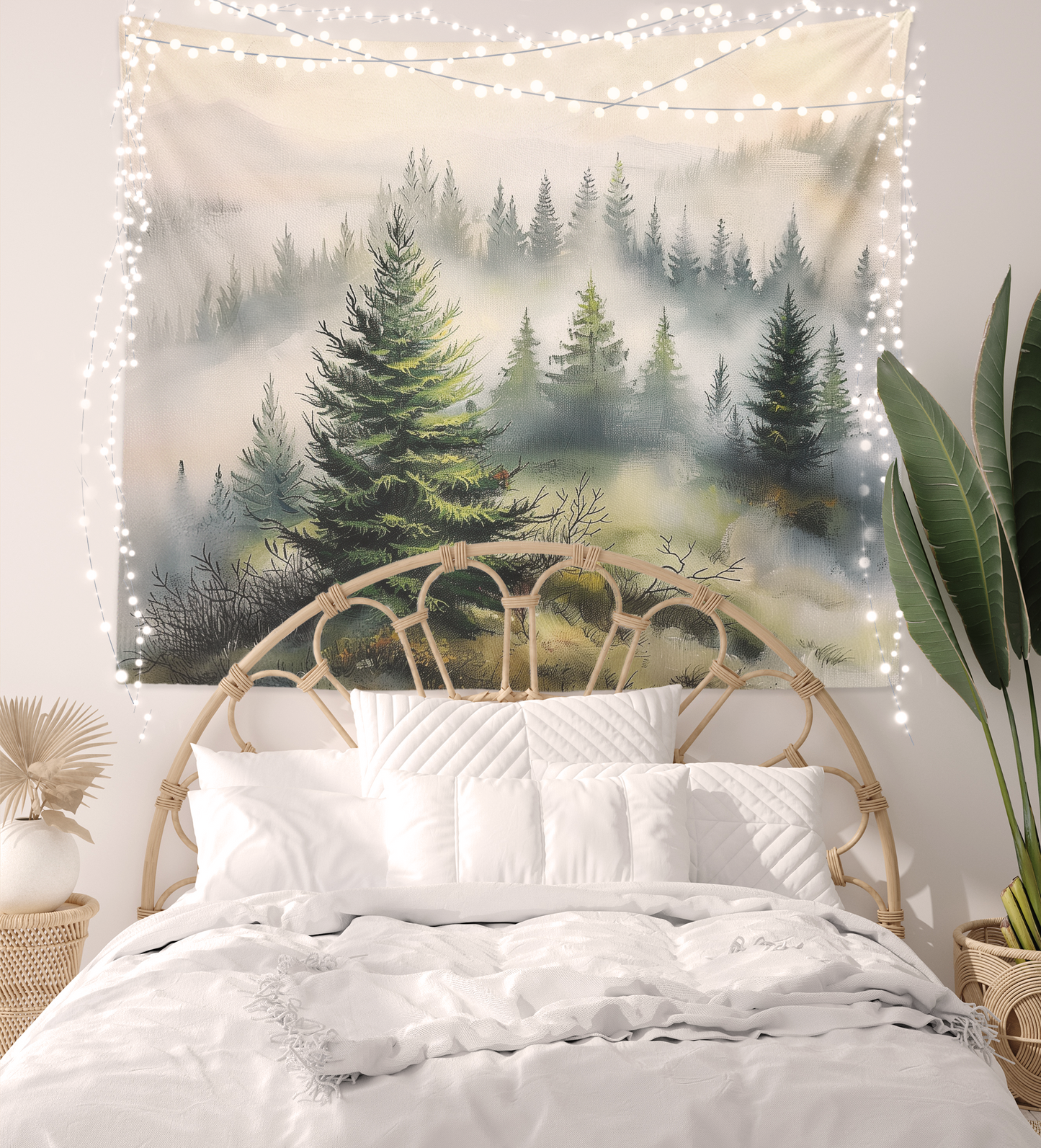 Foggy Misty Forest , Tapestry Wall Hanging, Watercolor Smoky Mountain Landscape Scenery Wall Art  Bedroom, Dorm ,Room