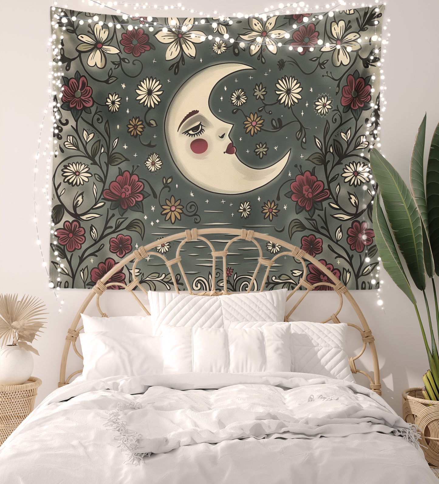 Crescent Moon, Boho Tapestry Wall Hanging, Floral Mandala, Lunar Flower Celestial  Aesthetic Room Décor , Huge Wall Art