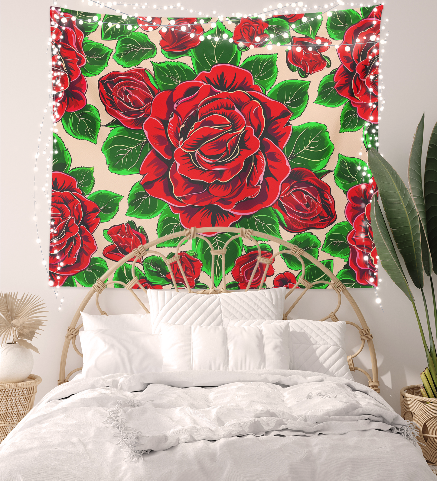 Floral Tapestry Wall Hanging Flower Mandala Boho Flower Wall Art Roses Artwork Décor Red Rose Pattern Bohemian Tapestries for Bedroom