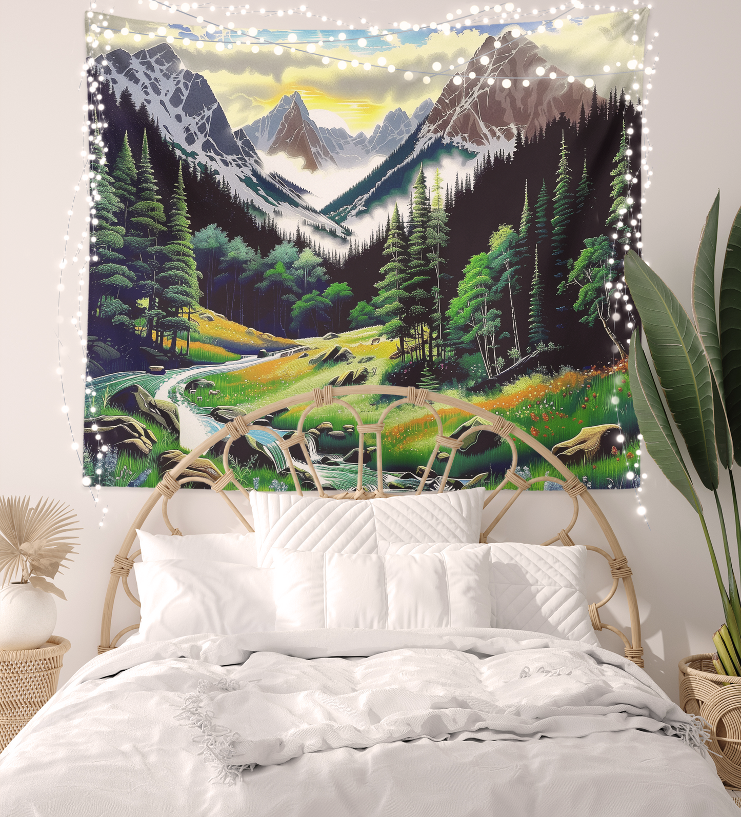 Majestic Mountains, Tapestry Wall Hanging, Mountain Scenery Landscape Artwork, Forest Green Background , Floral Mandala