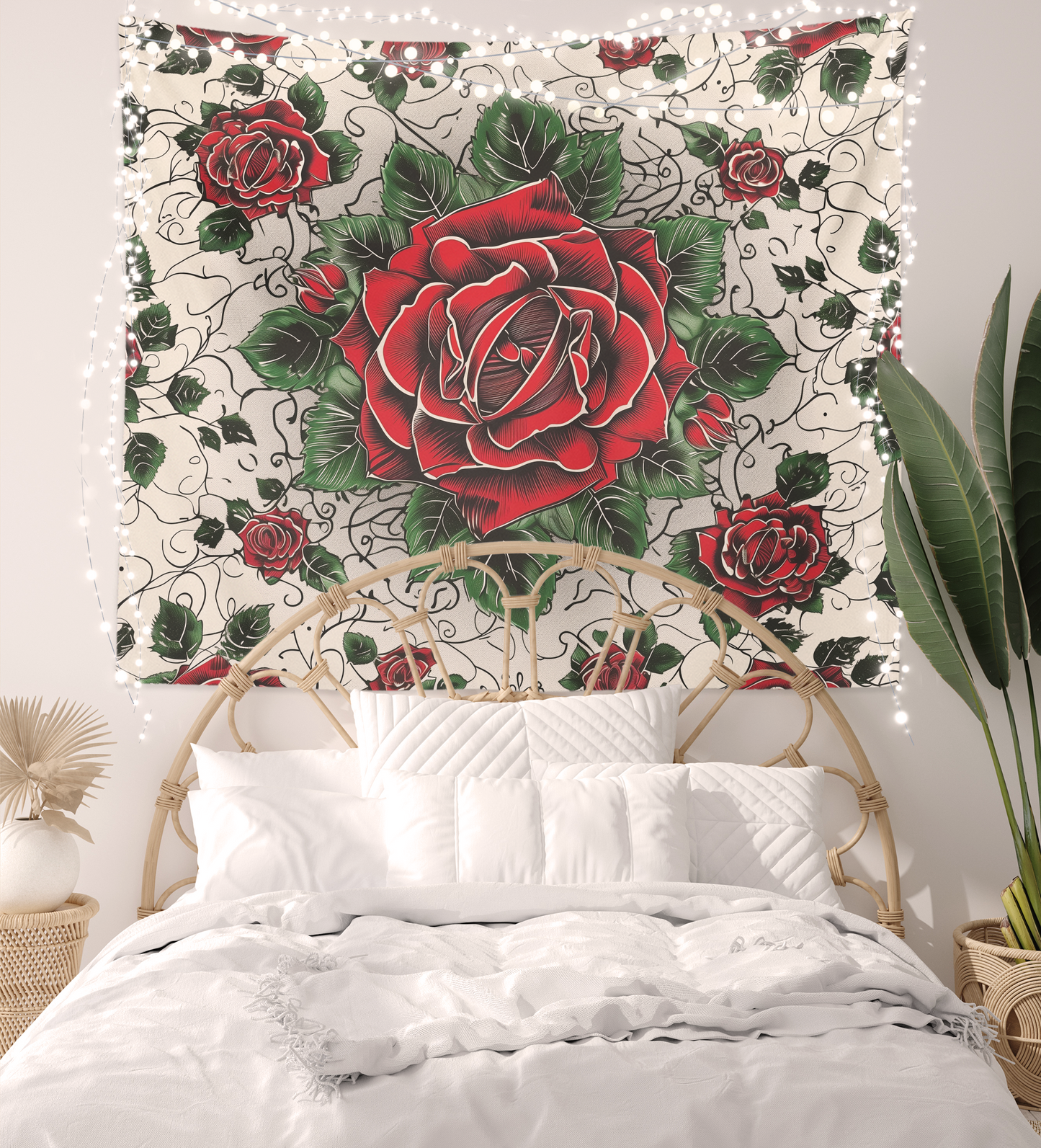 Flower Wall Hanging Tapestry, Boho Floral Red Rose Mandala, Roses Artwork Wall Décor, Aesthetic Background Tablecloth