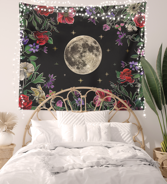 Moon Tapestry Wall Hanging, Aesthetics Lunar Tapestry, Floral Mandala, Dark Cottagecore Wall Art, Garden Moonlit Décor
