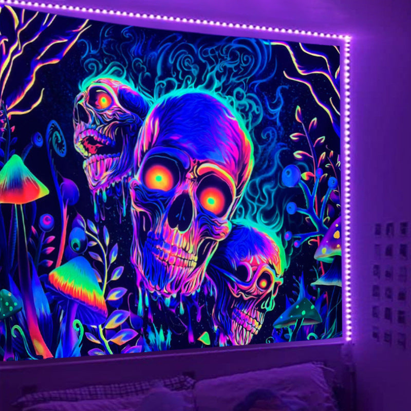 Black Light Tapestry Wall Hanging, Skull Tapestry Mandala, Skeleton Wall Tapestry, Uv Reactive BlackLight Psychedelic Mushroom Trippy Art