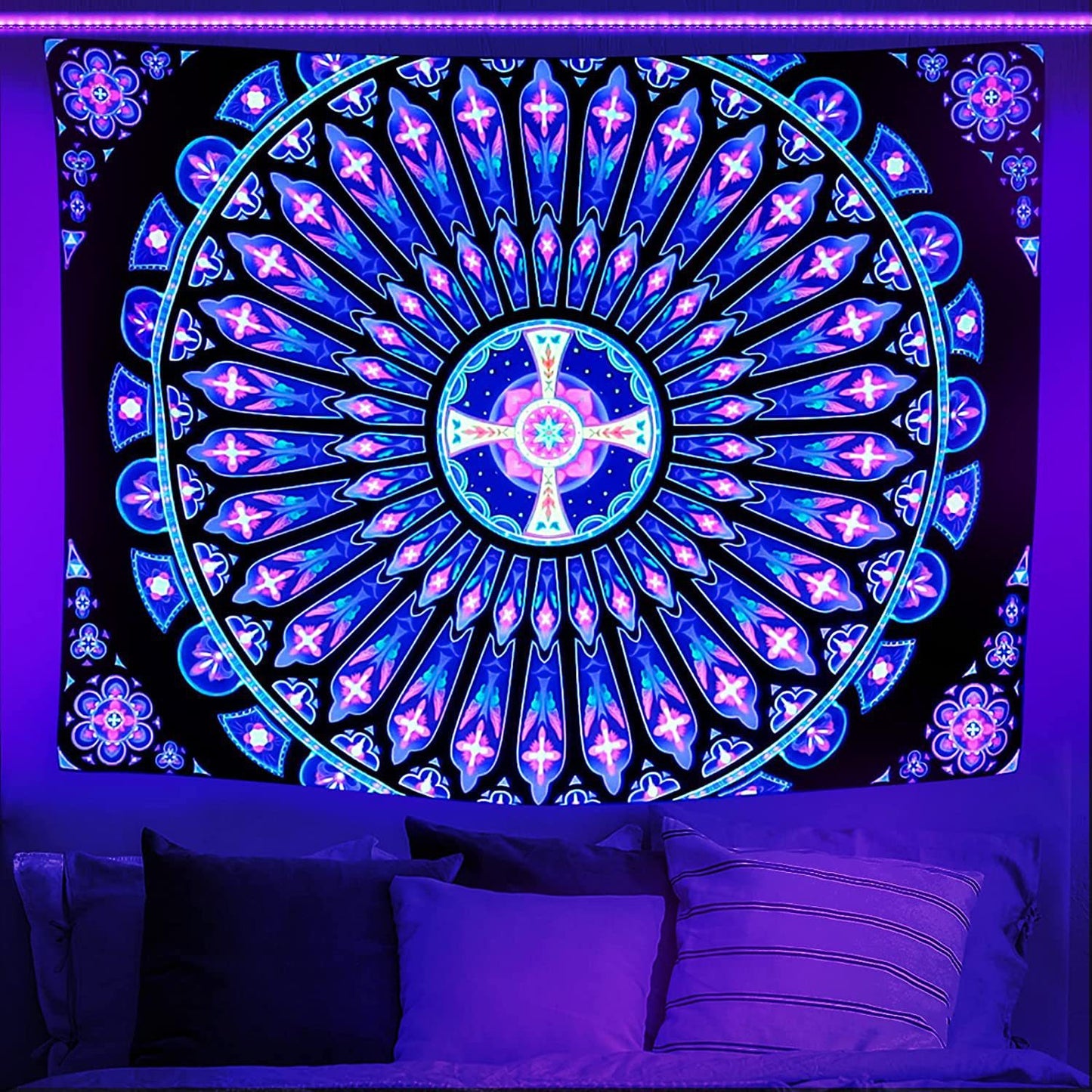 Black Light Tapestry Mandala Blacklight Tapestry Wall Hanging UV Reactive Glow In The Dark Indian Mandala Fluorescent Psychedelic Art