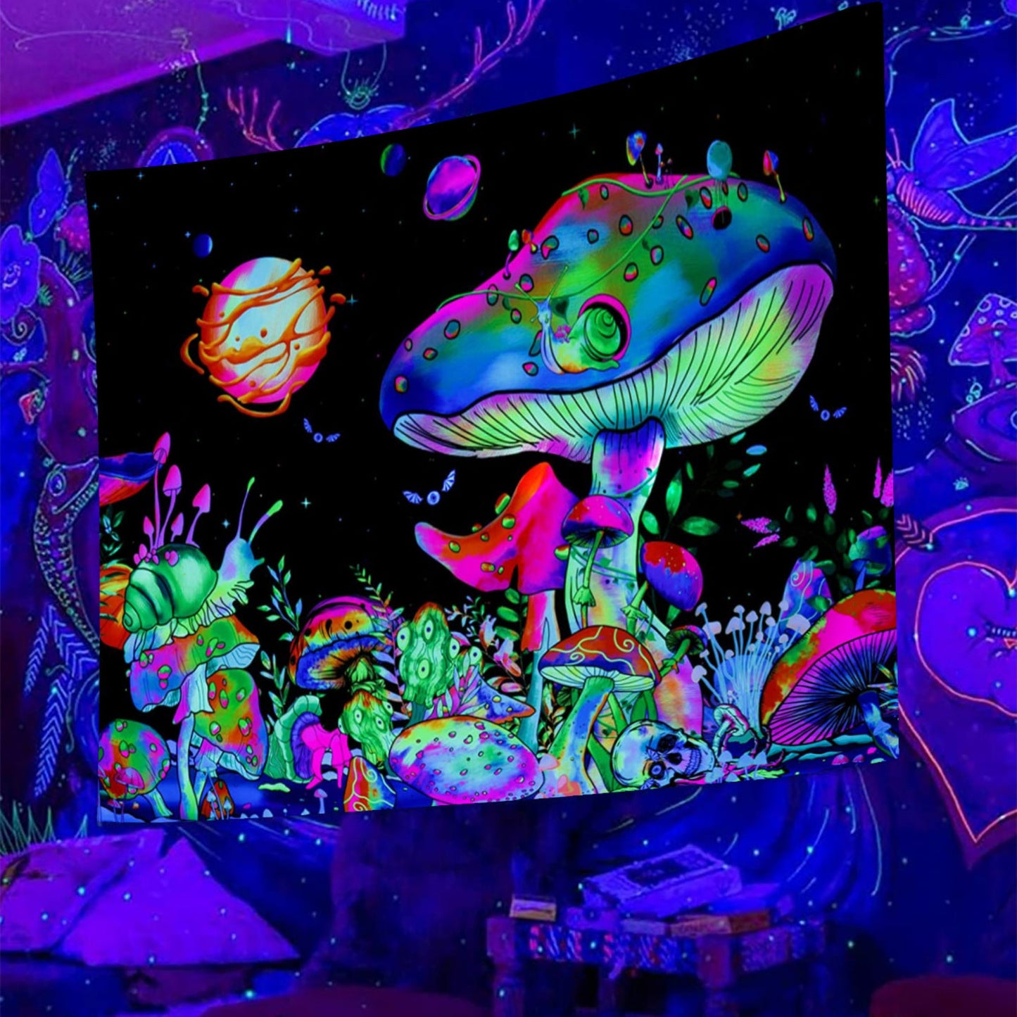 Black Light Tapestry Wall Hanging, Psychedelic Mushroom Tapestry Mandala, Skull Wall Tapestry, Uv Reactive BlackLight Trippy Art Décor