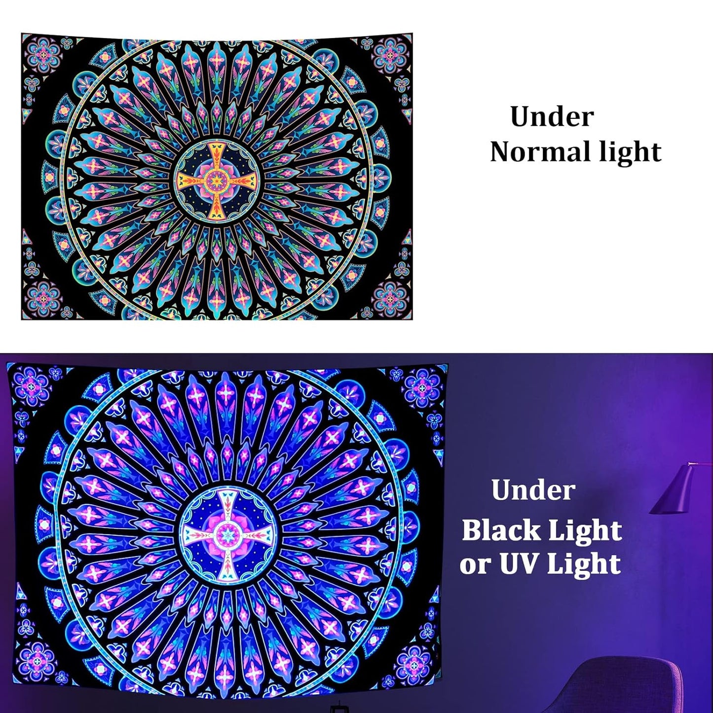 Black Light Tapestry Mandala Blacklight Tapestry Wall Hanging UV Reactive Glow In The Dark Indian Mandala Fluorescent Psychedelic Art