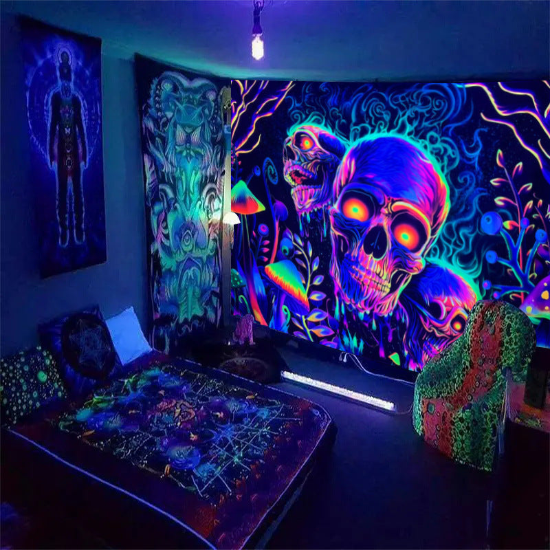 Black Light Tapestry Wall Hanging, Skull Tapestry Mandala, Skeleton Wall Tapestry, Uv Reactive BlackLight Psychedelic Mushroom Trippy Art