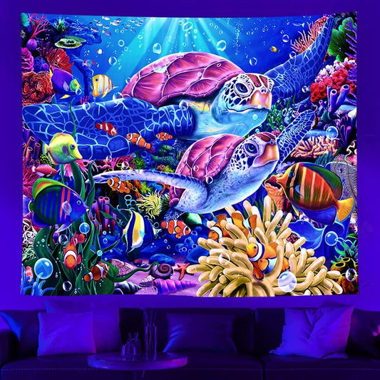 Black Light Tapestry, Undersea, Underwater Animals, Wall Hanging, Animal Sea Turtle Mandala, Sea Life Art, Coral Reef Image