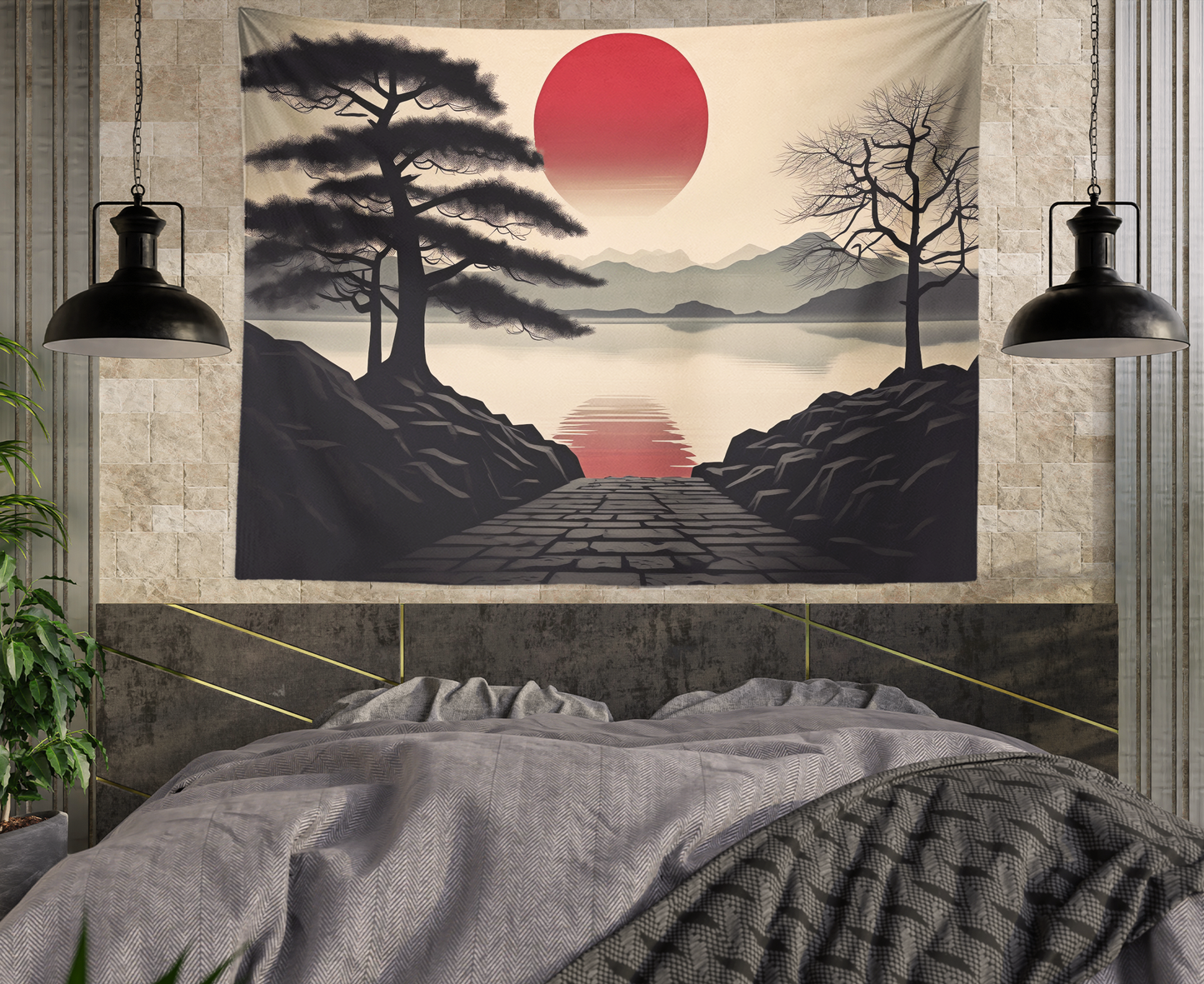 Red Sun, Mandala Tapestry Wall Hanging, Mountain Shiluette, Lake View, Japanese Style Wallart, Boho Décor for Bedroom, Dorm