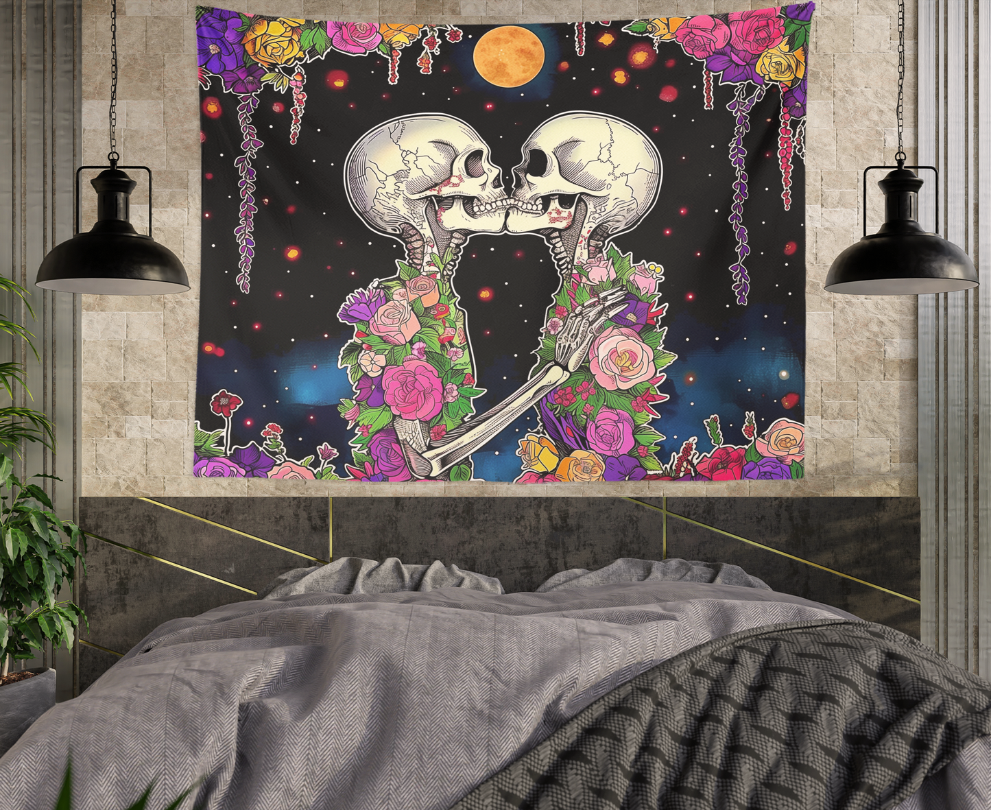 Skeleton Flower, Skeleton Love, Wall Tapestry, Skull And Roses Drawing, Sugar Skull, Psychedelic, Trippy Art, Goth Decor