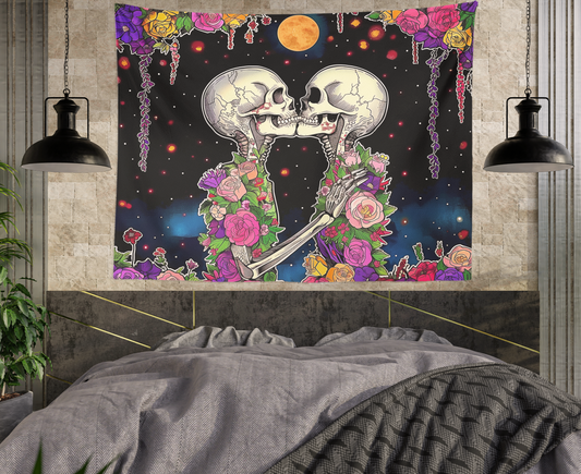 Skeleton Flower, Skeleton Love, Wall Tapestry, Skull And Roses Drawing, Sugar Skull, Psychedelic, Trippy Art, Goth Decor