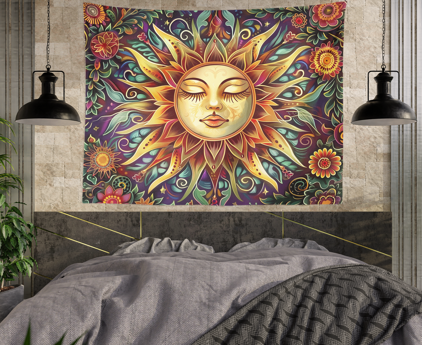 Sun Tapestry, Wall Hanging, Floral Mandala, Boho Flower Art, Burning Sunshine Artwork, Psychedelic, Mystic, Aesthetic Room Decoration