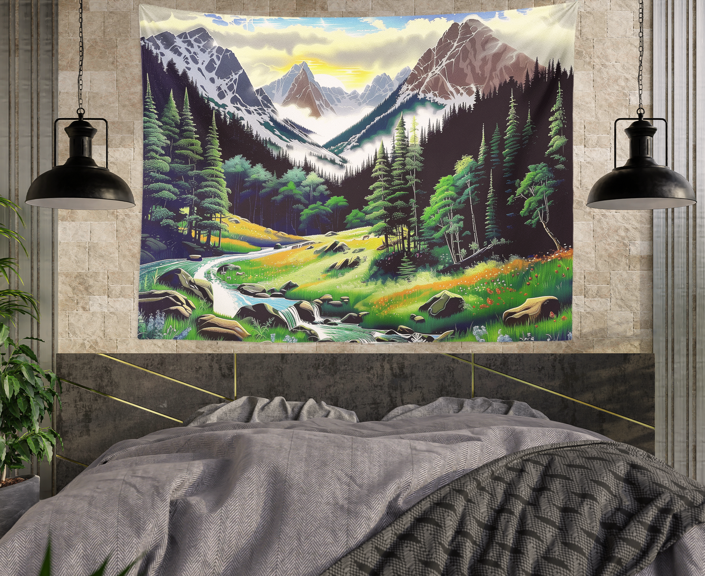 Majestic Mountains, Tapestry Wall Hanging, Mountain Scenery Landscape Artwork, Forest Green Background , Floral Mandala