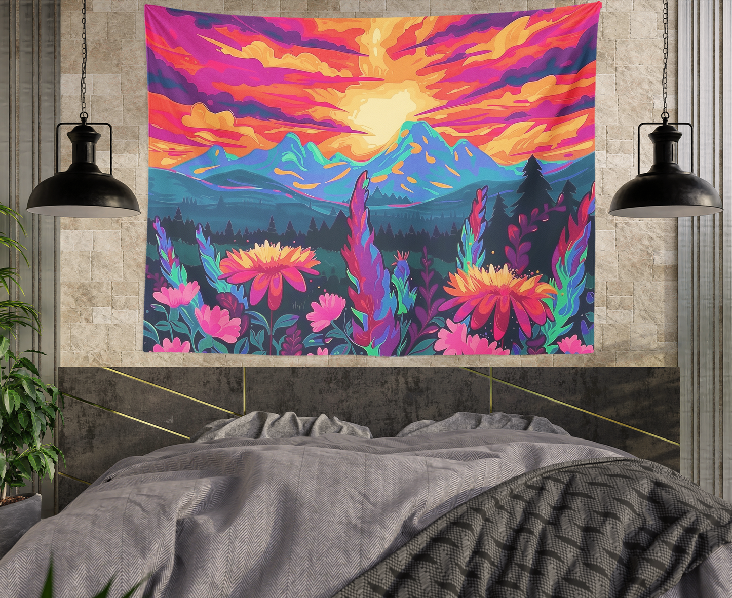 Fantasy Landscape Tapestry Wall Hanging, Surreal Psychedelic Landscapes Wall Tapestry Mandala, Mountain, Forest, Sun Clouds Scene Tapestries