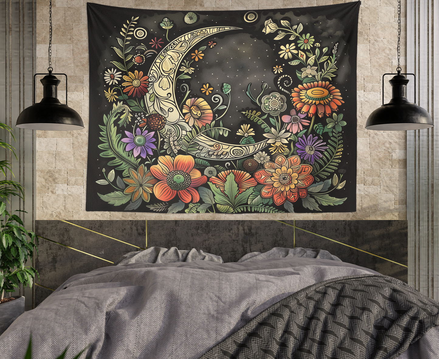 Moon Tapestry Wall Hanging, Crescent Moon, Plants Flower Floral Black Mystic Mandala, Witchy Aesthetic Wall Art Décor for Bedroom