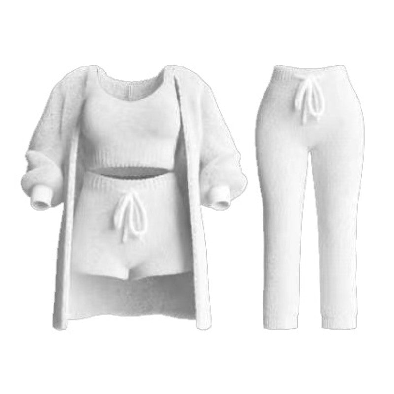 Autumn And Winter New Knitted Plush Long Sleeve Coat Vest Shorts Four-piece Set