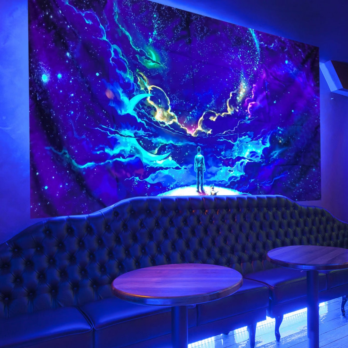 UV Reactive Galaxy Wall Tapestry - Aesthetic Starry Night Bedroom Wall Hanging Decor - Black Light Space Poster - Moon Star Room Decor