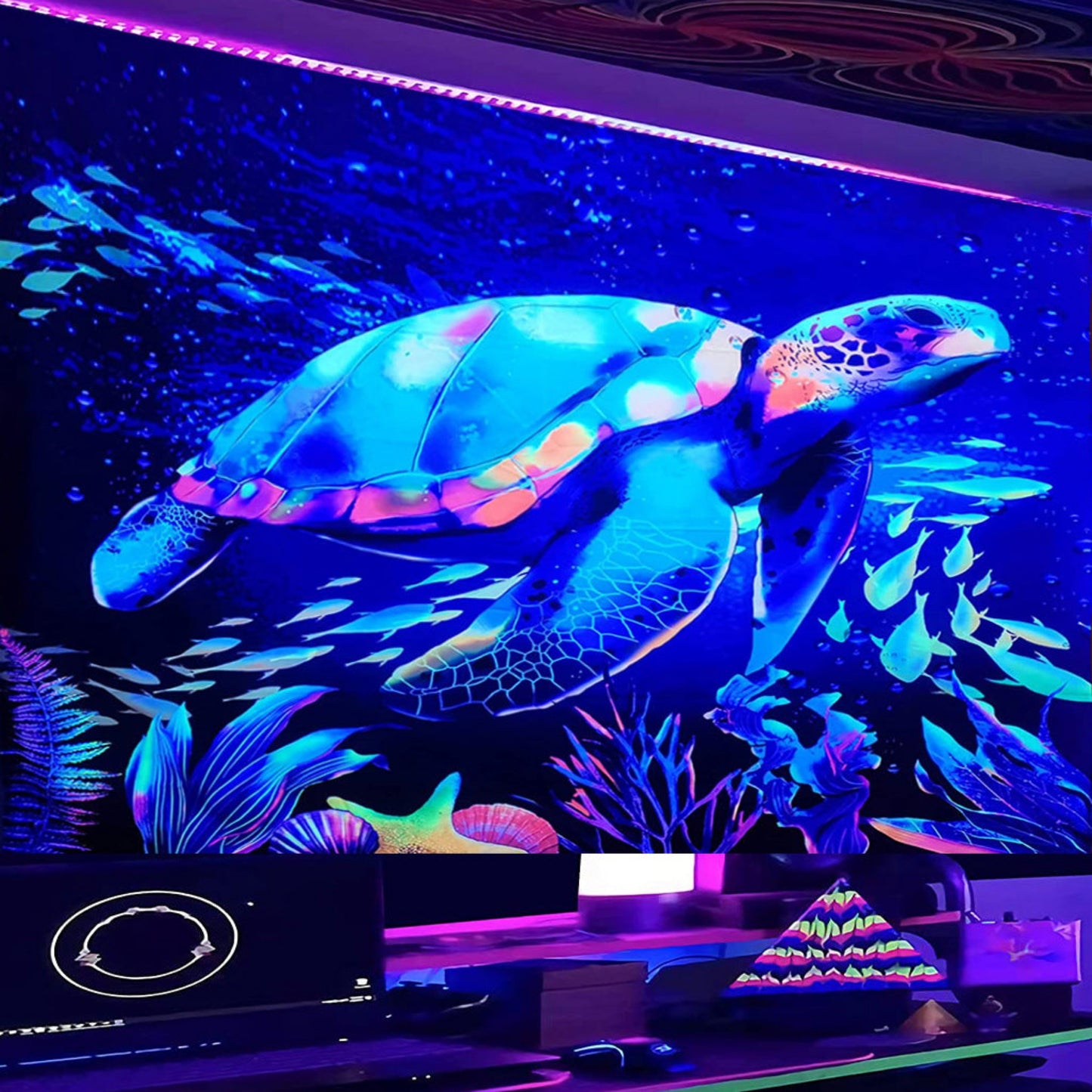 Sea Turtle Tapestry, Fluorescent Tapestry, Backlight Wall Hanging, UV Reactive Tapestries ,Ocean life Mandala, for Bedroom Dorm Party Décor