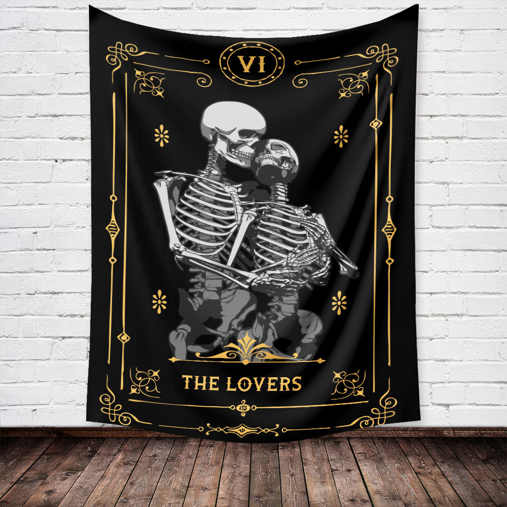 Skull Tapestry ,The Kissing Lovers Tapestry , Black Witchcraft Wall Hanging, Tarot Card Tapestry, Human Skeleton Tapestries for Living Room