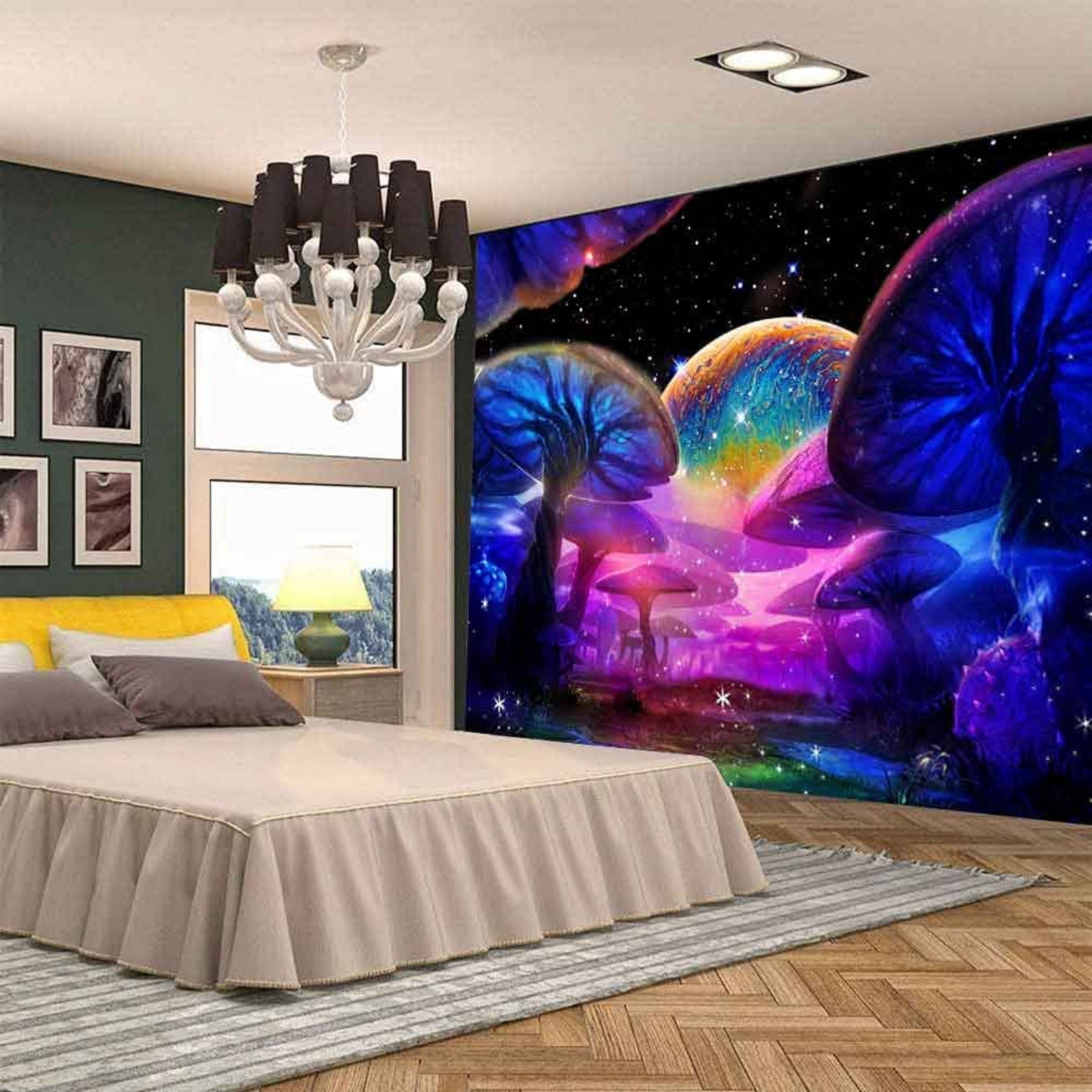 Trippy Mushroom Tapestry, Psychedelic Wall Hanging, Fantasy Fairy Décor, Fluorescent Tapestries, UV Reactive Backlight Space Art Print