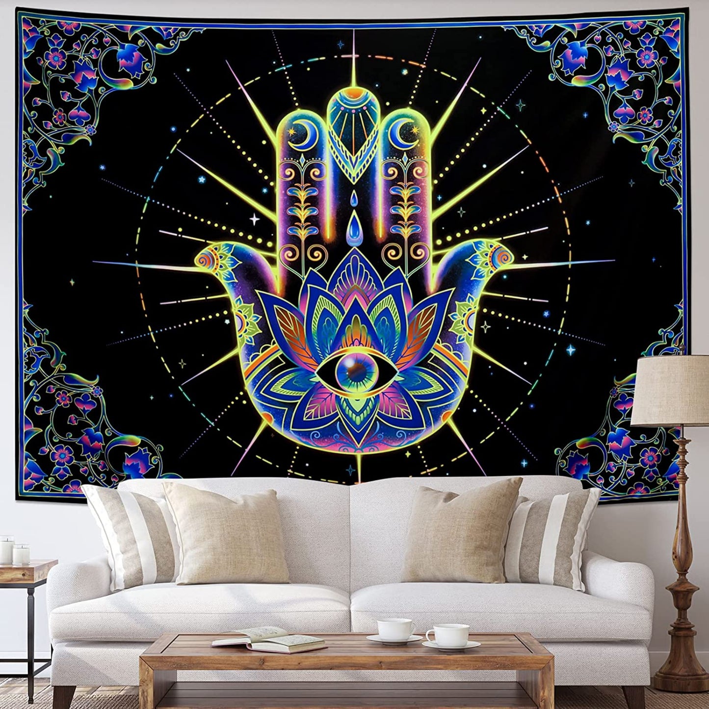 Hamsa Hand Tapestry, Evil Eye Blacklight Wall Hanging, Fluorescent Psychedelic Trippy Mandala, UV Reactive Tapestries for Dorm, Yoga Room