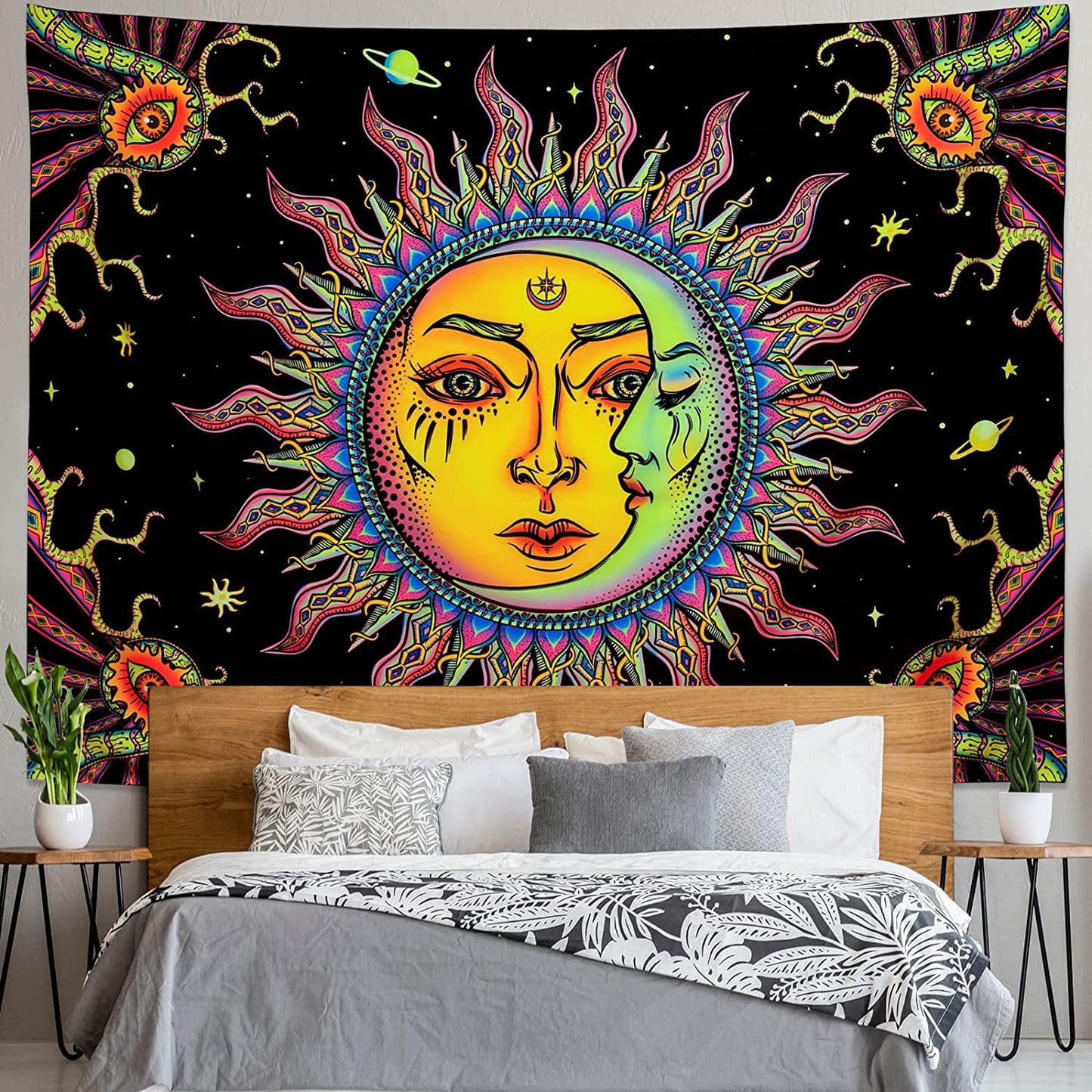 The Sun and Moon Tapestry, UV Reactive Burning Sun Wall hanging,  Backlight Wall Tapestry, Fluorescent Witch Psychedelic Mandala For Room