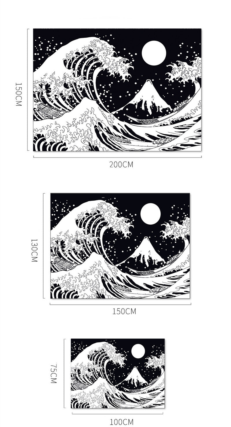 Black And White Tapestry, The Great Wave off Kanagawa Wall Hanging, Japanese Art, Sun Tapestry, Japanese Wave, For Meditation , Room Decor
