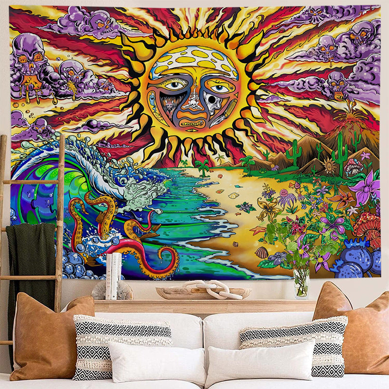 Trippy Sun Tapestry, Psychedelic Hippie Sublime Ocean Wave Sunset Sunrise Wall Hanging, Colorful Monster Wall Tapestry, Aesthetic Decor