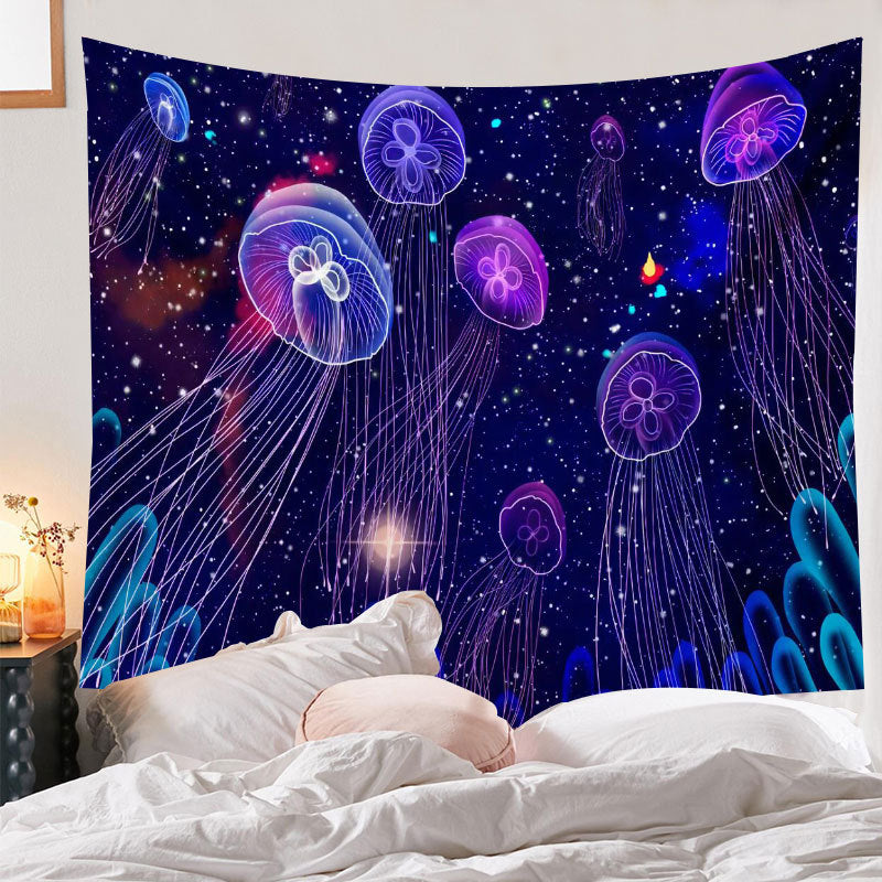 UV Black Light Fluorescent Wall Hanging,  Jellyfish Tapestry, Large Purple Sky Tapestry, Psychedelic Trippy Mandala Blue, Party Décor