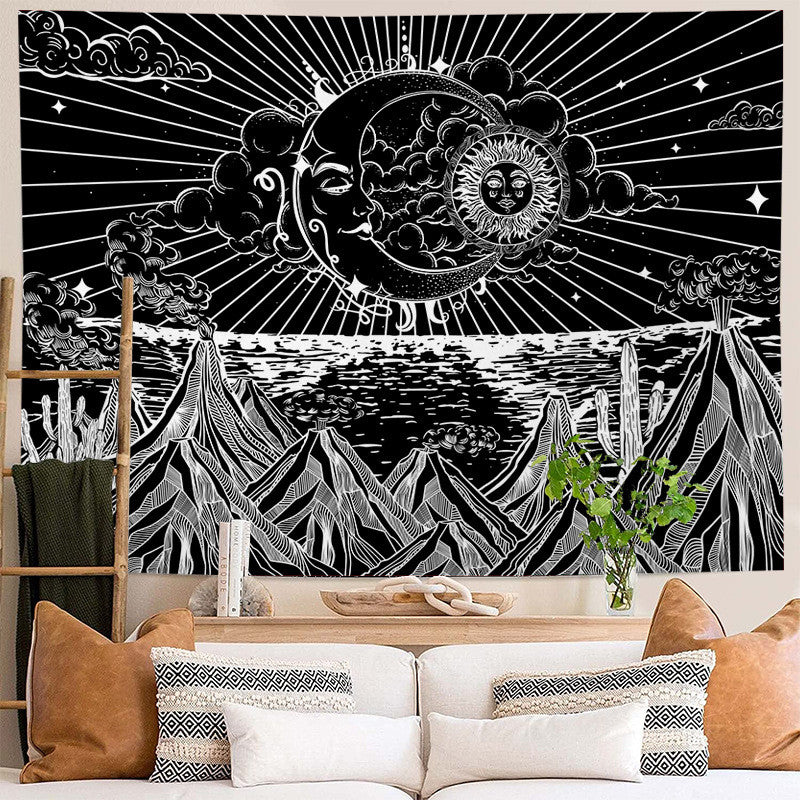 Sun and Moon Tapestry, Mountain Tapestry Aesthetic, Spiritual Stars Black and White Psychedelic Tapestry Wall Hanging Tapestries for Bedroom