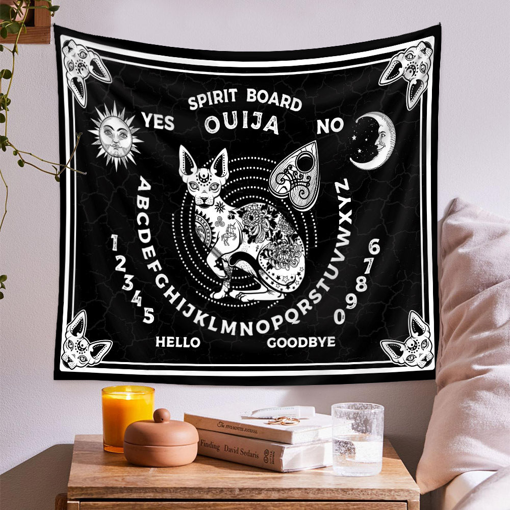 Black Cat Tapestry, Ouija Board Wall Hanging , Black and White Tapestry,  Large Tapestry , Spiritual  Goth Mandala Spirit Art , Tarot Cloth