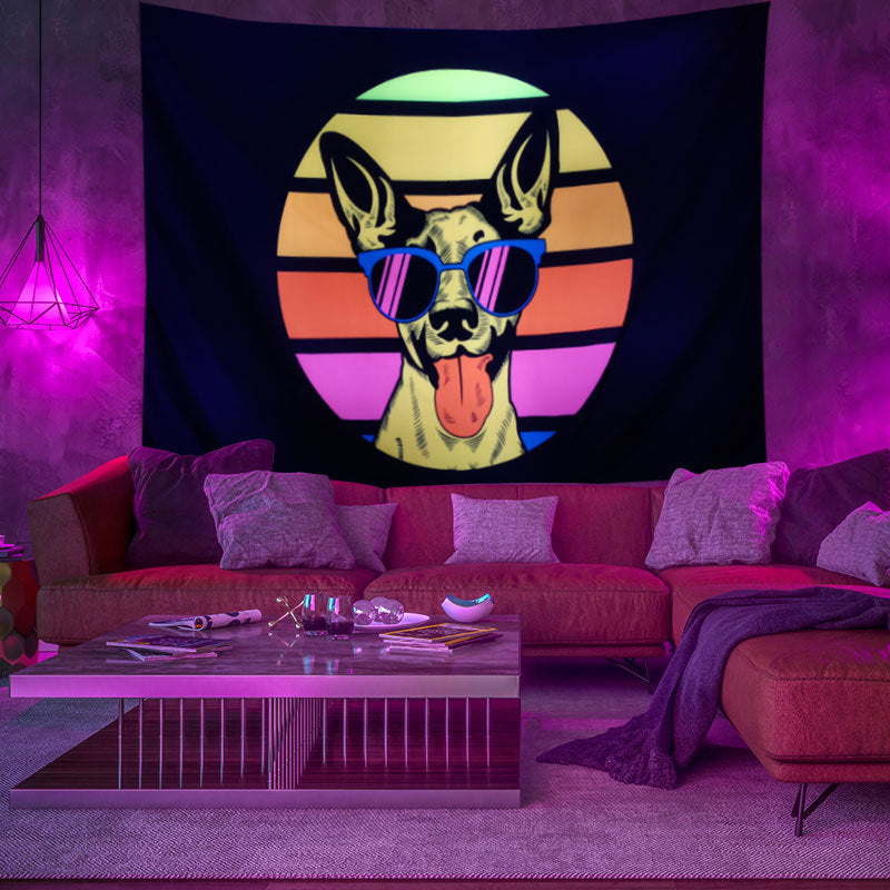 Psy Backdrop Wall, UV Black Light Fluorescent Tapestry, Dog Animal Wall Hanging , Sun Mandala Wall Art, Party Décor, for Bedroom, Room