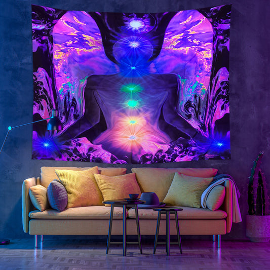 UV Black Light Fluorescent Tapestry, Indian Buddha Statue Meditation 7 Chakra Yoga Wall Hanging , Mandala ,Party Décor, for Bedroom, Room