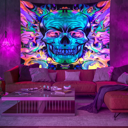 UV Black Light Tapestry, Fluorescent Skull Tapestry, Goth, Horror, Pagan, Wall Hanging, Psychedelic Hippie Trippy Mandala Party Décor