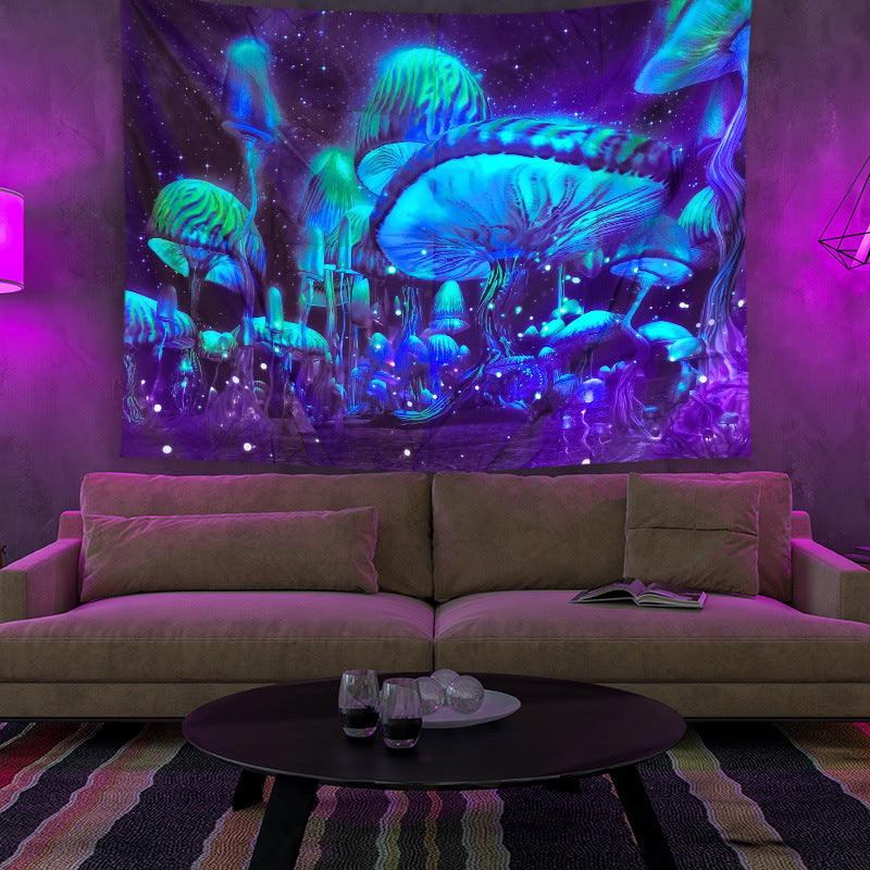 UV Black Light Fluorescent Wall Hanging,  Mushroom Tapestry, Large Fairy Tapestry, Psychedelic Mushroom, Trippy Mandala Blue, Party Décor