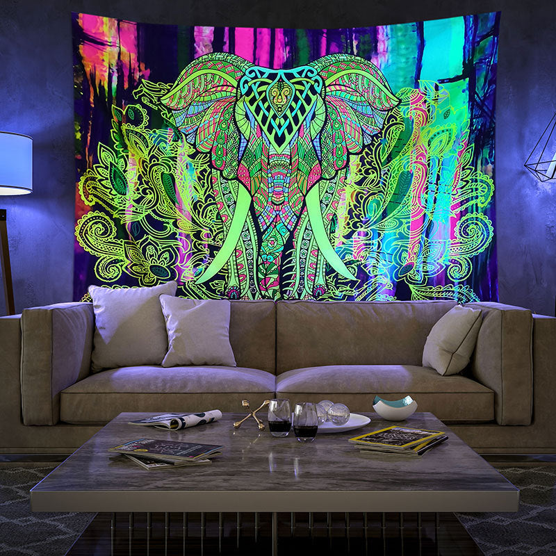 UV Black Light Tapestry, Fluorescent Psychedelic Elephant Wall Hanging, Abstract Trippy Indian Mandala Party Décor, for Living Room,Yoga